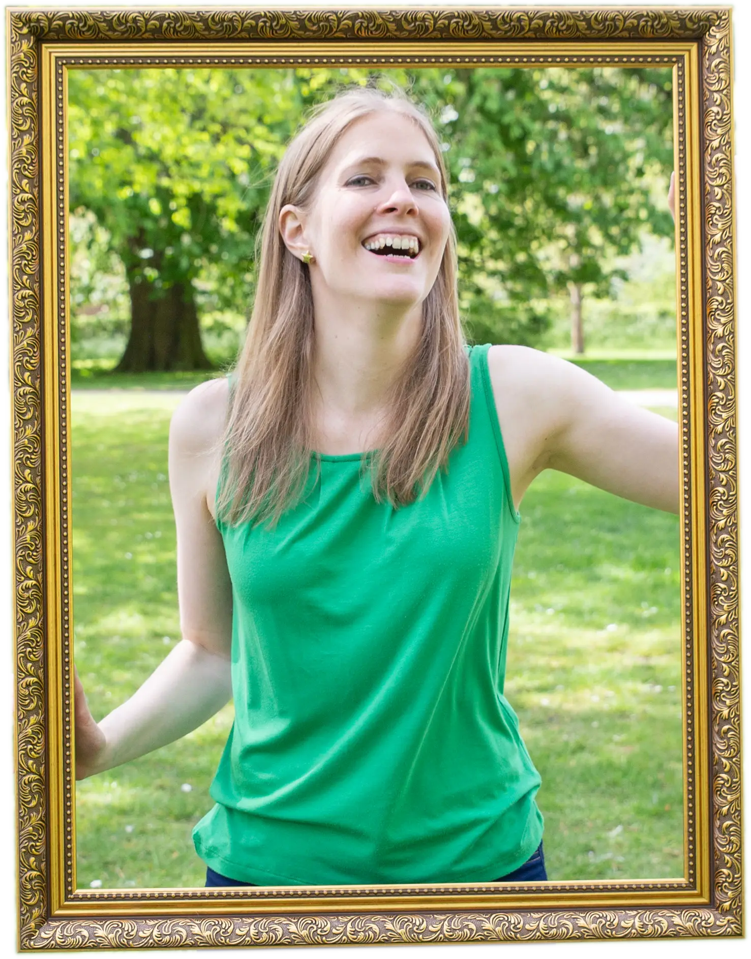 A white woman with blonde hair in a green top